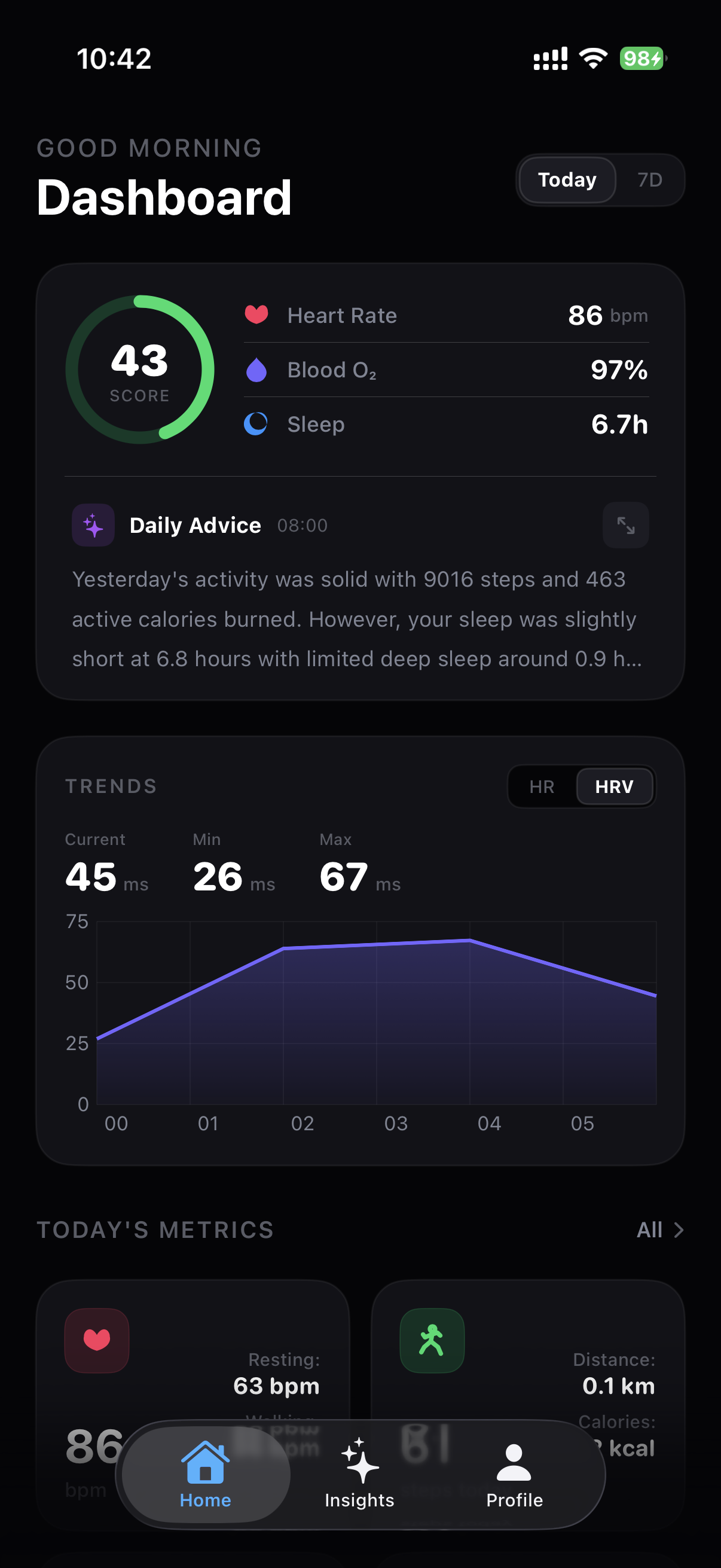 Vitra app dashboard showing health score and metrics