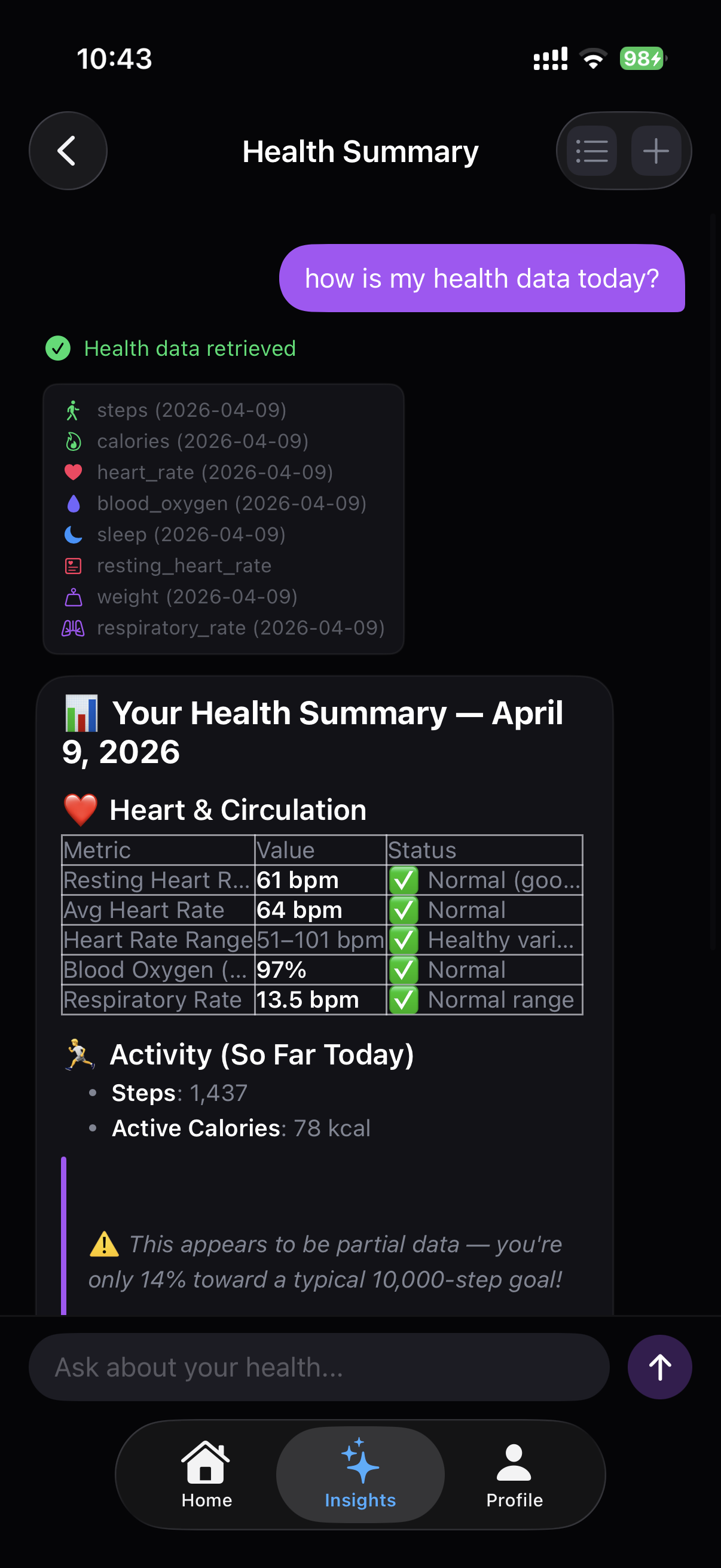 Natural language health chat with AI agent